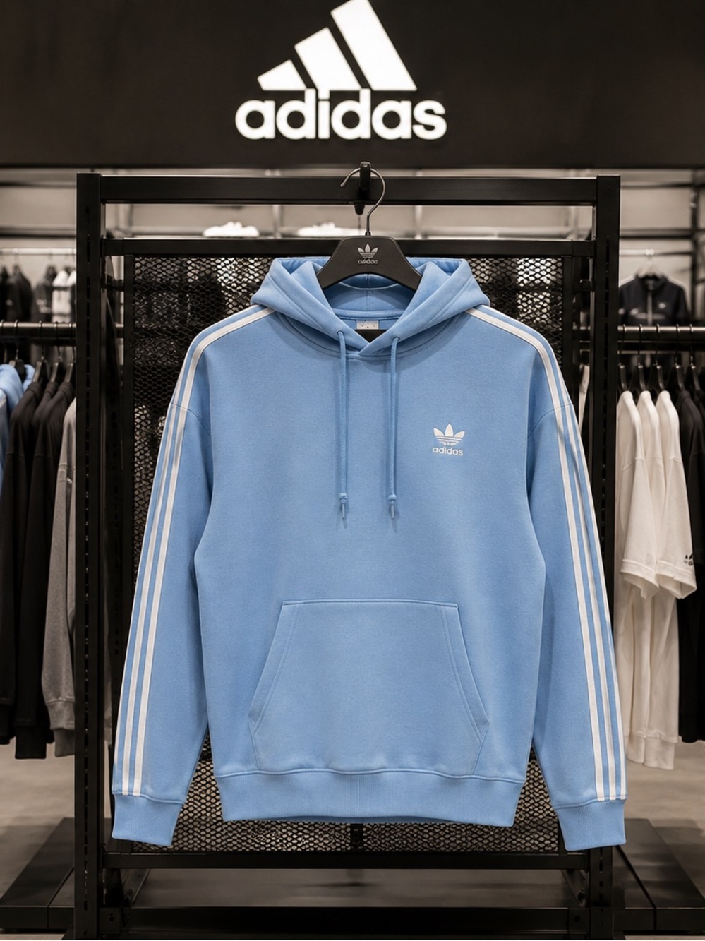 adidas Light Blue Hoodie with White Three-Stripes